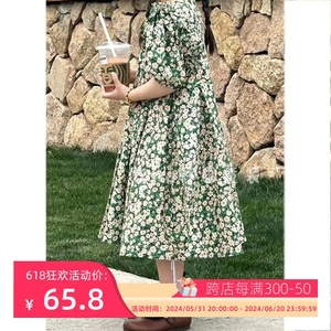 波拉bora韩国童装女童连衣裙夏天中大童高端公主裙子绿色碎花夏裙