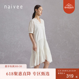 商场同款naivee纳薇23夏法式宫廷风重工刺绣泡泡袖蛋糕裙连衣裙白