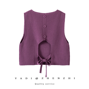 春秋季新款针织马甲女后背系带外搭衬衣背心V领工字型紫色马夹潮