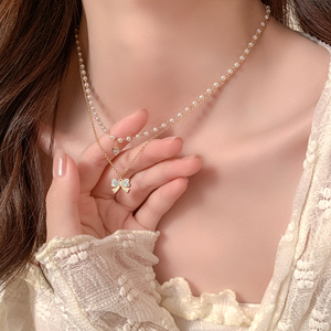 珍珠双层叠戴项链女轻奢精致蝴蝶颈链吊坠小众设计气质简约卫衣链