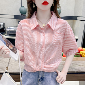 韩国条纹短袖衬衫女夏季2024新款设计感小众显瘦法式洋气时尚上衣