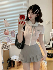 韩系JK制服纯欲学院风套装女高校供设计感甜美粉衬衫灰百褶裙两件