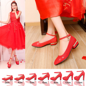 亮片红鞋婚鞋女红色高跟婚纱鞋中式粗跟新娘鞋平跟结婚鞋子秀禾鞋