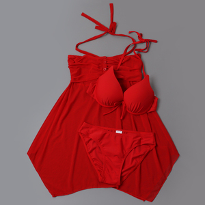 8818比基尼套装红色性感纱裙女款海边分体泳衣三件套高级感比基尼