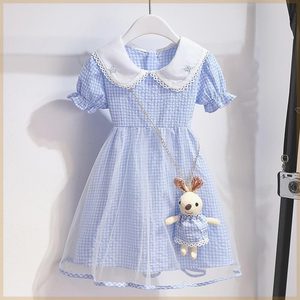 女童夏季短袖连衣裙2024年新款韩版儿童女孩娃娃领格子公主裙夏装