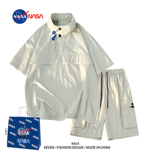 NASA联名冰丝短袖套装男女夏季宽松休闲运动高级感polo衫搭配一套