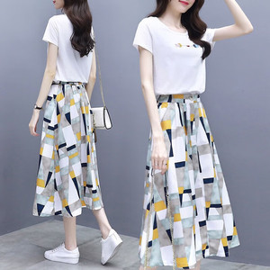 连衣裙2024夏季新款韩版法式短袖显瘦小个子雪纺两件套装中长裙子