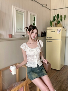 GAZ线上商店新款甜美风短款白色木耳边蕾丝背心衬衫短袖女夏季