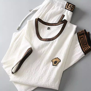 潮牌亚麻套装男士夏季薄款短袖棉麻修身运动休闲中国风刺绣两件套