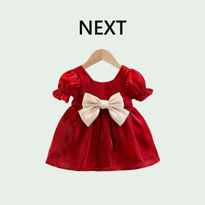 英国NEXT女童公主裙夏季2024短袖蝴蝶结连衣裙红色女宝宝周岁礼服