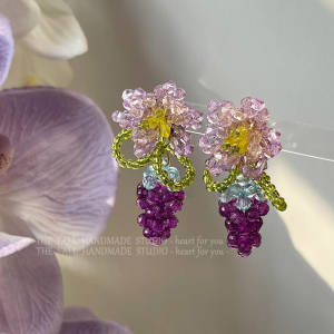 （买二送一）葡萄成熟时|夏季新款紫色水晶串珠花朵耳环 气质耳夹
