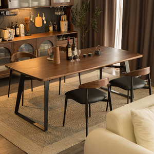 意式实木原木餐桌北美黑胡桃木铁艺腿长方形大板桌北欧客厅西餐桌