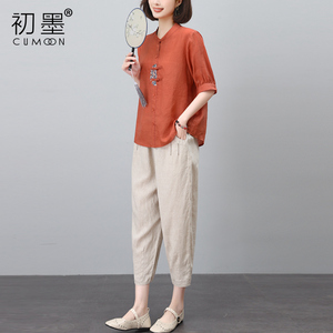 棉麻套装女2024新款夏装搭配一整套时尚妈妈新中式国风洋气两件套