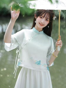 新中式少女仙气绿色裙子夏季改良茶艺汉服民国风旗袍上衣套装穿搭