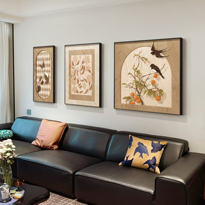 法式中古风客厅沙发背景墙装饰画复古花鸟植物组合小众壁画挂画