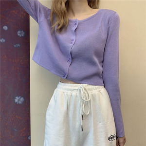 香芋紫色长袖针织开衫2024新款女装秋冬季小香风毛衣外套短款上衣