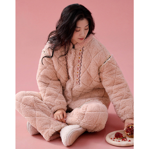 睡衣女款秋冬季珊瑚绒夹棉三层加厚加绒粉色中国风冬天加棉家居服
