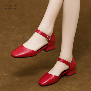 2024年新款春夏季平底女鞋子红色半包头凉鞋女单鞋中跟低跟真皮鞋