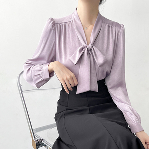 韩帛雅紫色长袖衬衫女春装新款职业通勤上衣法式飘带洋气时尚衬衣