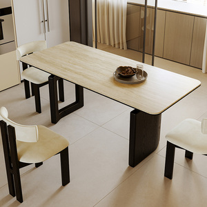 2024新款复古实木岩板餐桌现代简约家用长方形饭桌一桌四六椅组合