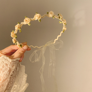 仙气珍珠花朵发箍飘带绑发一体森系仙美精致编发头箍百搭伴娘头饰