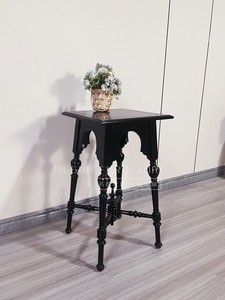 美式实木沙发边几 黑色复古角几圆形小圆桌品质家具简约欧式茶几