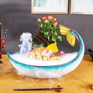 龙海豚日式三文鱼刺身盘冰盘大鱼生专用盘干冰盘子创意意境菜餐具