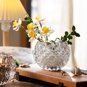 花瓶简约加厚水晶玻璃透明绿萝水培圆形水养花盆客厅插花装饰摆件