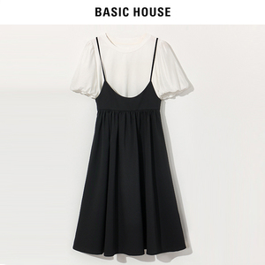Basic House/百家好泡泡袖T恤吊带连衣裙套装 高腰显瘦T恤长裙子