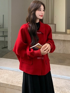 双面羊绒大衣女秋冬茧型拼接针织袖上衣小个子红色短款毛呢外套