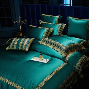 高档法式160支真丝棉床上用品四件套 墨绿色床盖款蕾丝花边被套盖