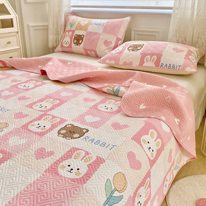 韩版ins双面纯棉床单女孩房粉色全棉床盖加厚夹棉床褥卡通床罩垫