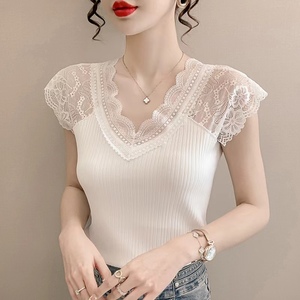 短袖女新款修身白色蕾丝花边镂空时髦洋气性感打底衫t恤上衣夏t衫