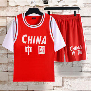 中国红色儿童篮球服套装男女科比24号夏季运动套装假两件大童球衣