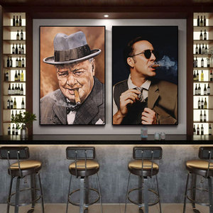雪茄吧装饰画抽雪茄男人壁画尼古拉斯丘吉尔酒吧名人抽烟的房挂画