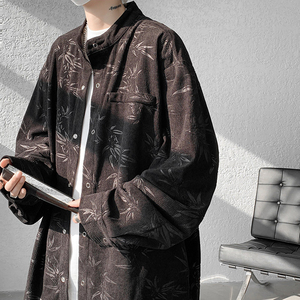 新中式男装中国风刺绣衬衫长袖灯芯绒设计感高级唐装道袍外套国潮