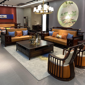 新中式沙发乌金木皮艺沙发组合现代轻奢别墅套房客厅实木家具定制