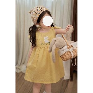 韩版童装女童黄色连衣裙夏季新款卡通吊带裙宝宝时髦可爱纯棉裙子