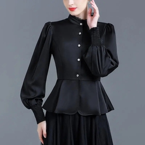 黑色衬衫女长袖2023秋季新款灯笼袖上衣收腰显瘦蕾丝边立领衬衣春