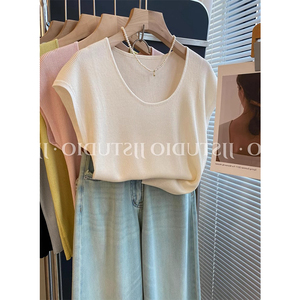 白色U领天丝亚麻针织短袖t恤女夏季韩版设计感气质百搭小飞袖上衣