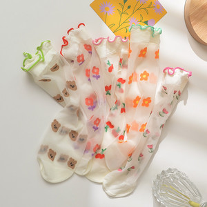 女童孩夏季超薄款透明花边水晶中筒袜小腿堆堆袜短丝袜子宝宝儿童