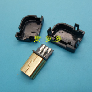 镀金MINI 5P插头焊线式 迷你USB插头公头带塑胶壳弯壳