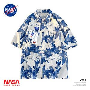 NASA联名夏威夷风满印短袖花衬衫男女古着碎花沙滩衬衣bf风情侣装