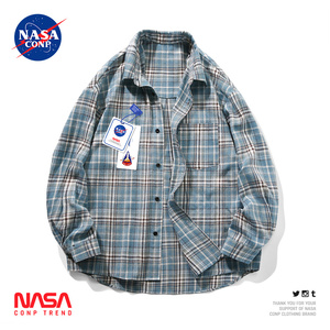 NASA联名复古潮流翻领格子衬衫男春季高级感宽松休闲格纹衬衣外套