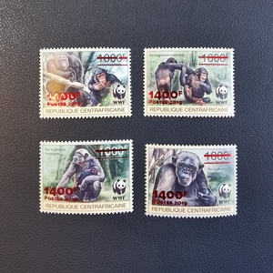 中非2019年WWF猴子邮票一套四枚新 红色改值加盖