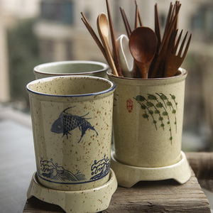 和风四季釉下彩中式复古陶瓷筷筒筷子盒筷笼子家用筷子筒沥水筷笼
