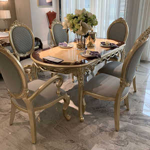 欧式实木椭圆形长方形餐桌椅组合奢华饭桌餐厅法式6人桌子金箔色