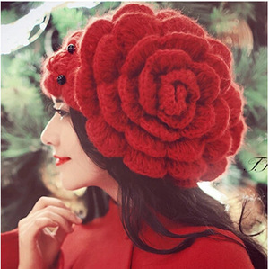 秋冬季款菁菁款手工珍珠大花朵贝雷帽时尚甜美毛线针织帽子女发带