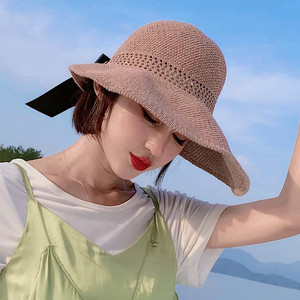 帽子女士夏季无顶卷卷大沿遮阳帽出游防晒太阳帽空顶草帽可漏马尾