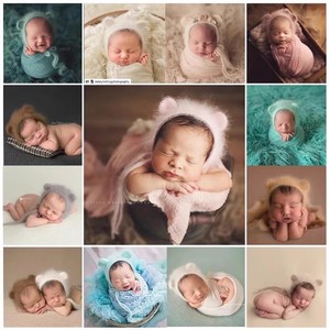 新生儿摄影拍照道具水貂绒小熊耳朵帽子婴儿满月手工针织拍照道具